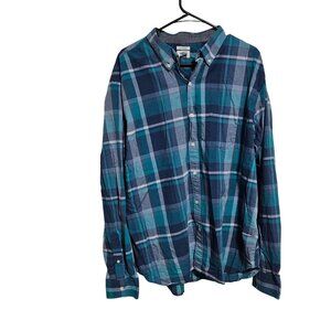 Old Navy Button Front Up Mens Size XXL Blue Plaid Slim Fit 100% Cotton